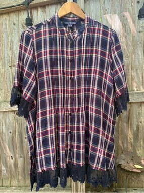 April Cornell Navy Red & White Plaid Button-Down Tunic Shirt Lace Trim Americana